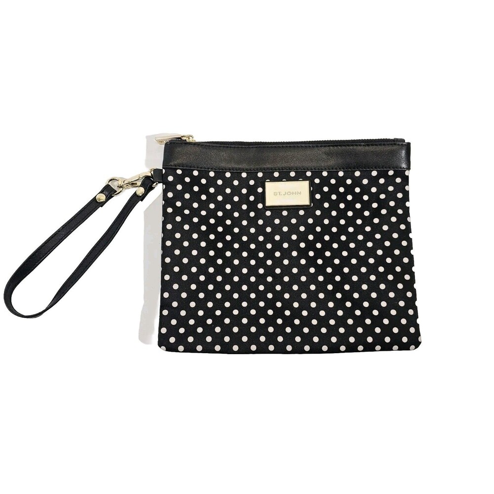 St. John Black White Polka Dot Zip Top Clutch Wristlet Makeup Bag Purse‎ EUC